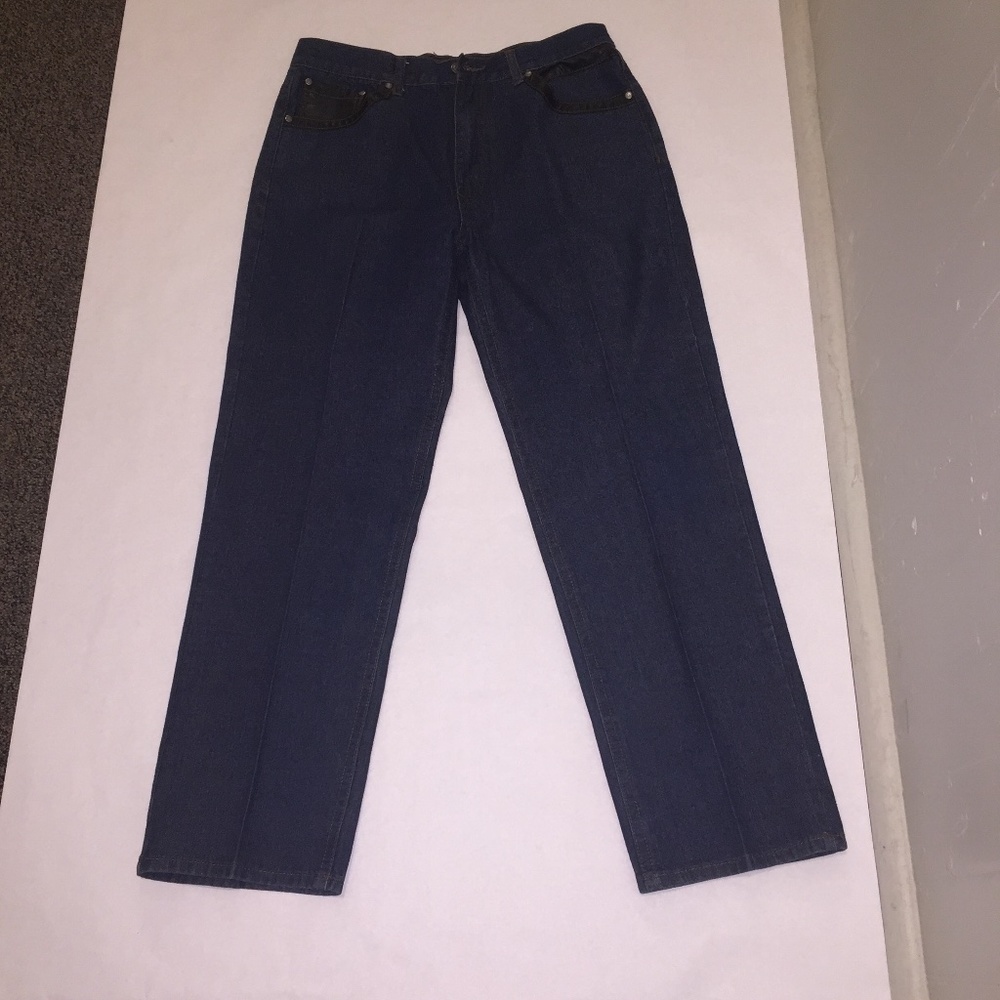 Dark blue denim jeans with vegan leather detailing